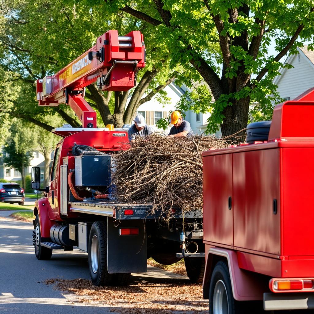 Tree service crew loading branches into a bucket truck
