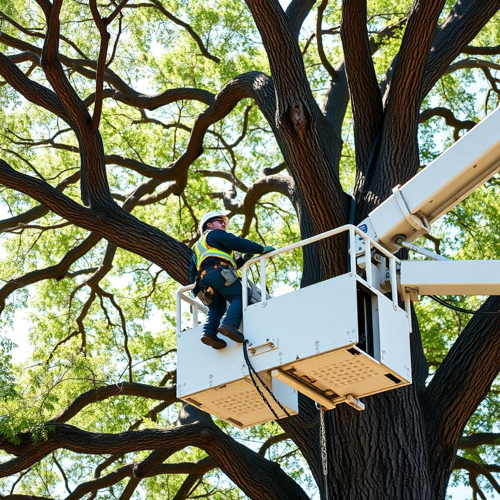 Arborist in bucket truck working in a large oak canopy